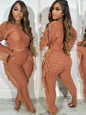 Fashion Nova Rust Fringe Knit Two-Piece Pants Set